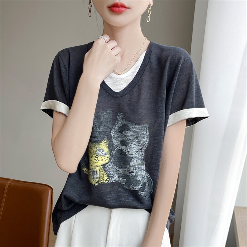 夏季竹节麻双V领假两件猫咪图案短袖女宽松百搭显瘦时尚休闲上衣,女装T恤,暖娇绒包芯纱店