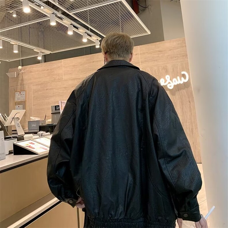 皮衣外套男款秋季美式高级感痞帅潮牌翻领宽松pu皮拼接机车服夹克,男装皮衣,星座506A