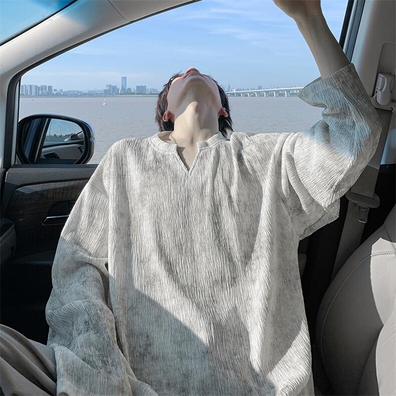 新款高街痞帅V领扎染纹理感大码打底衫长袖T恤男T53981-特P25控48，男装T恤，电商A001