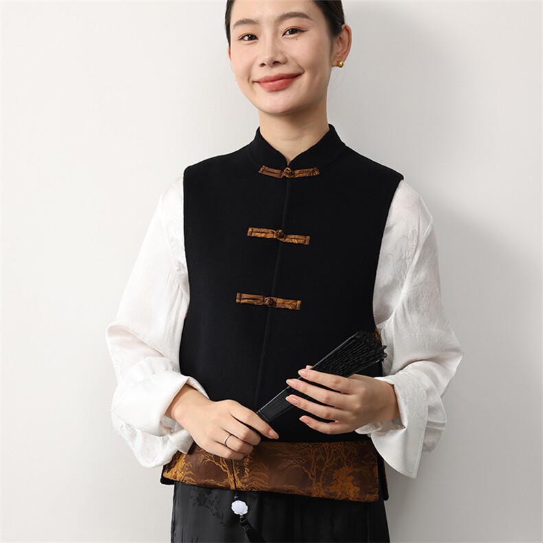 复古中式黑色羊毛马甲外套女士传统风格立领盘扣上衣秋冬款,女装马甲,米咔羊绒