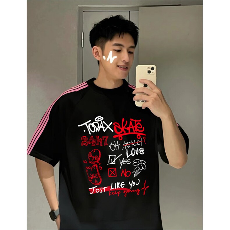 抖音得物品质二开240克宽松纯棉美式潮牌印花三条杠中性风短袖T恤,男装T恤,电商A486