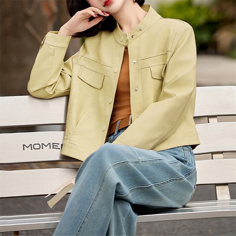 现货机车风外套2025春装新款女装时尚休闲简约短款立领落肩袖夹克,女装皮衣,美拉德工厂直营店