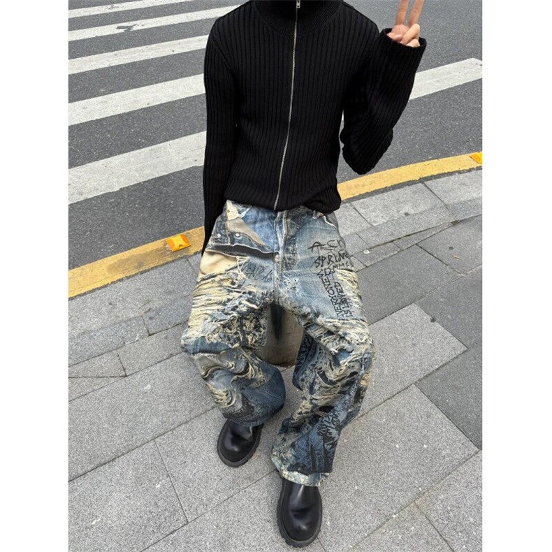 CP1162-P56风格破洞撕裂错视觉3D印花牛仔裤男女款宽松休闲牛仔,男装牛仔裤,电商B323A