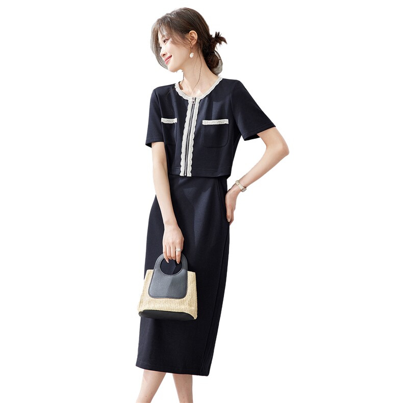2026年夏季花边拼接上衣收腰显瘦假两件套连衣裙,女装套装/套裙,简韵佳