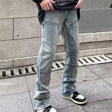 美式高街微喇牛仔裤男ins潮牌欧美嘻哈宽松堆积感长裤K3147-P46，男装牛仔裤，星座412-3