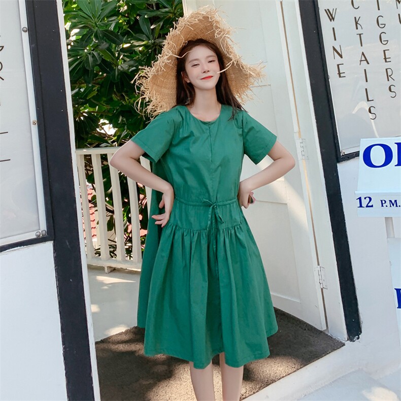 4.18号出货主推款！抽绳收腰褶皱纯色连衣裙1307-0829,女装连衣裙,拾菱
