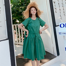 4.18号出货主推款！抽绳收腰褶皱纯色连衣裙1307-0829，女装连衣裙，拾菱