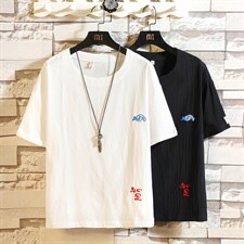 2021夏季新白砖墙日系大码男风刺绣棉麻亚麻短袖T恤T185-P30，男装T恤，电商A001
