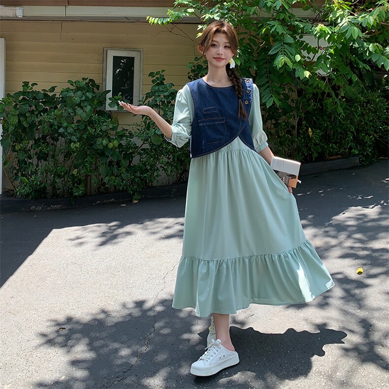 设计感牛仔马甲连衣裙两件套女2025夏季新款韩系收腰显瘦长裙套装,女装连衣裙,2C285