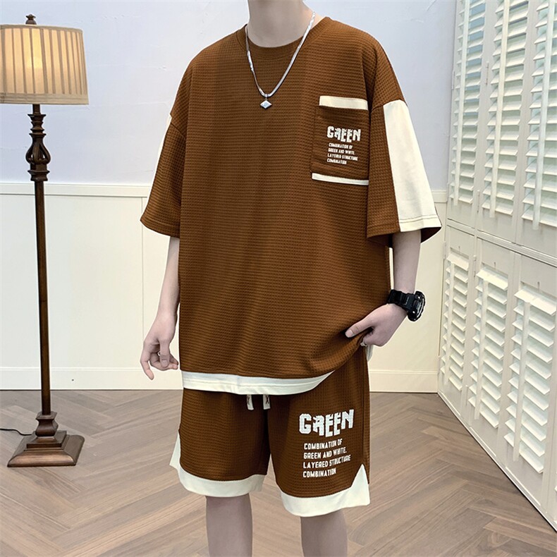 2024夏季冰感撞色拼接短袖套装华夫格运动服男女6618-P70控价98,男装T恤,电商A441-1
