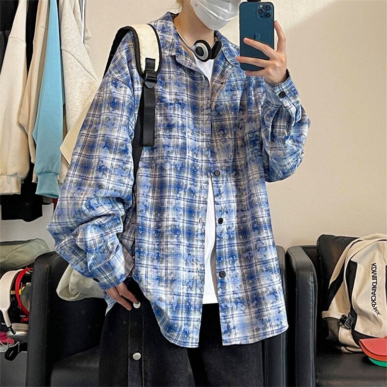 潮流复古扎染格子大码宽松长袖衬衫内搭外套C2204-P40【特价】,男装衬衫,电商A007