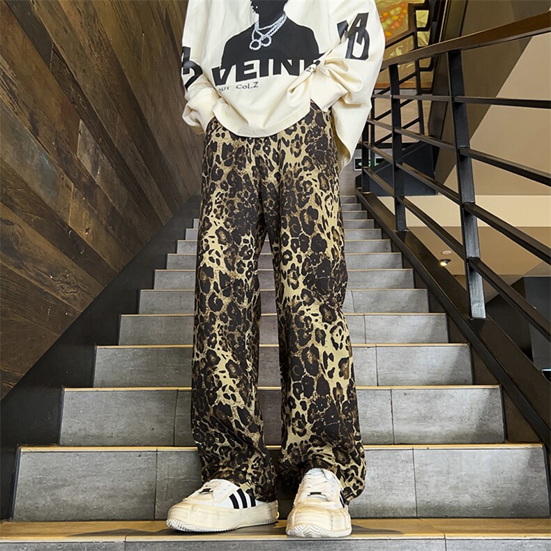 N9801-P5578美式ins高街小众个性豹纹微喇牛仔裤男潮，男装牛仔裤，电商B369（原A024）