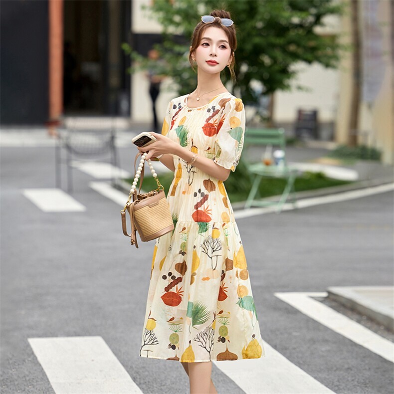 2025夏季新款时尚印花休闲韩系花朵亚麻天丝短袖连衣裙女中长裙子,女装连衣裙,布芭啦