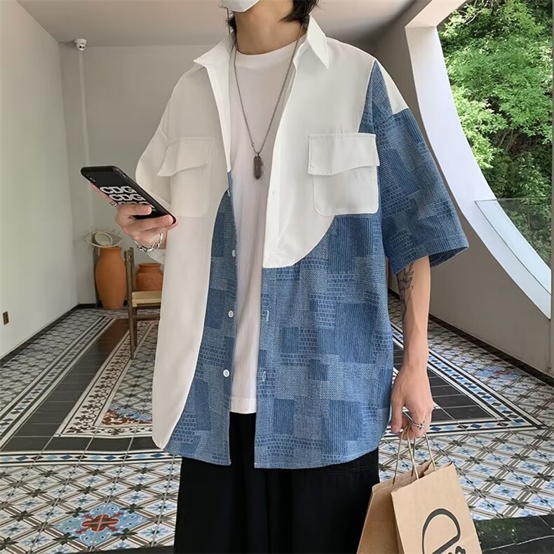 日系拼接衬衫短袖设计感上衣潮流百搭新款半袖衬衣痞帅-CS189-p35,男装衬衫,星座601-2