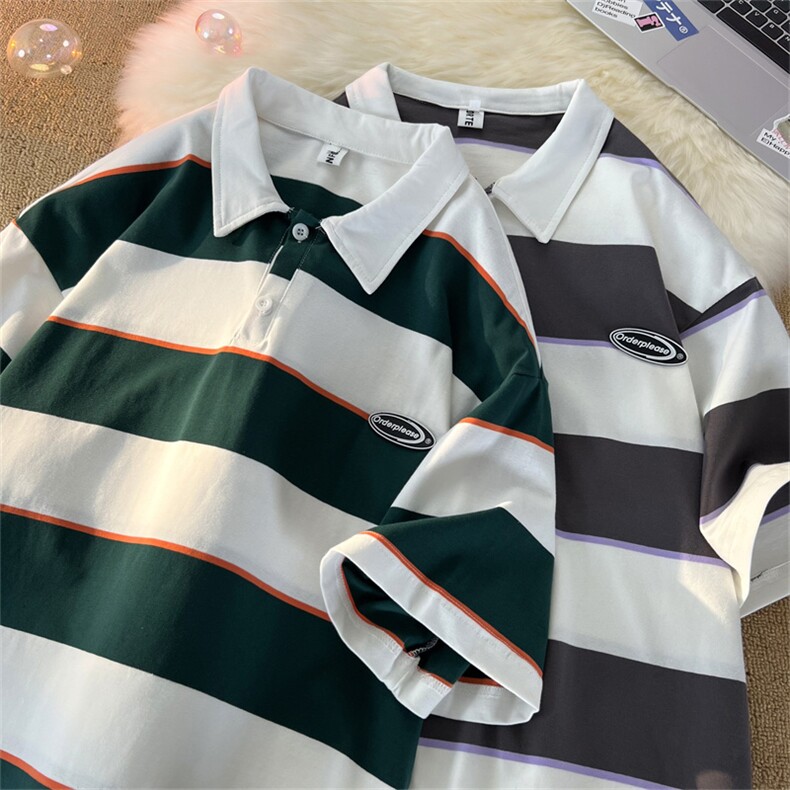 !条纹翻领宽松纯棉polo衫短袖男T恤XP221-P40控68,男装T恤,电商B370