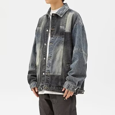 春秋设计感撞色水洗做旧牛仔外套潮牌美式hiphop宽松休闲翻领夹克图片