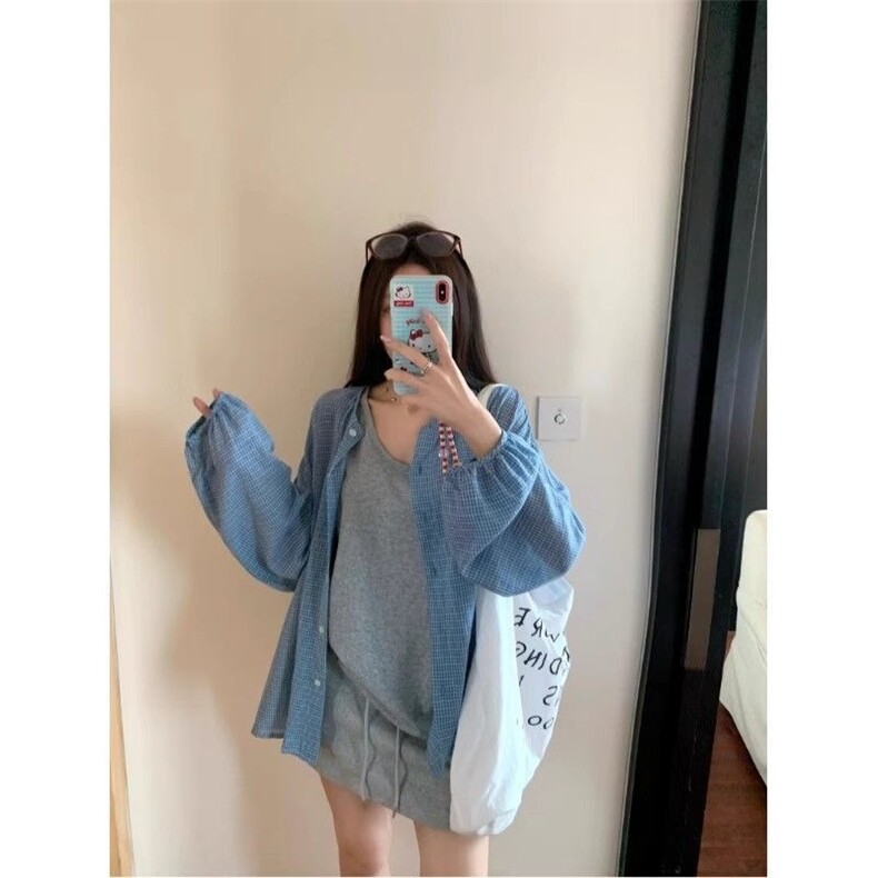 夏季新款慵懒防晒韩系蓝色格子衬衫百搭衬衣外套显瘦宽松上衣2025,男装防晒衣,星座506A