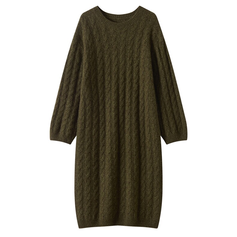 2025秋冬新款桑蚕丝羊绒裙女纯色圆领休闲时尚慵懒针织麻花长裙，女装连衣裙，多娇羊绒