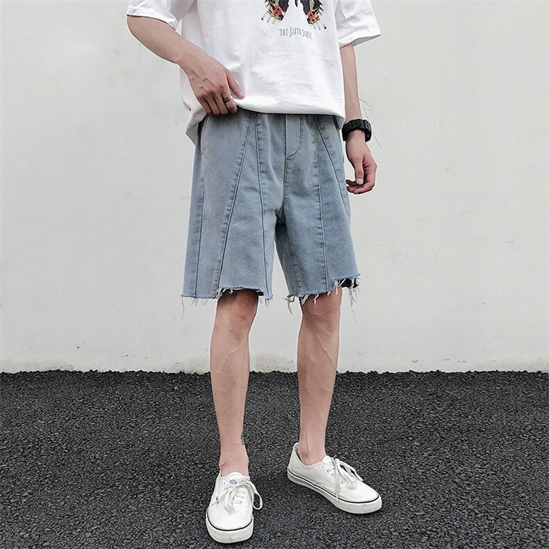 2021夏季新日系大码男港风毛边拼接立体裁剪牛仔短裤ND8116-P45图片