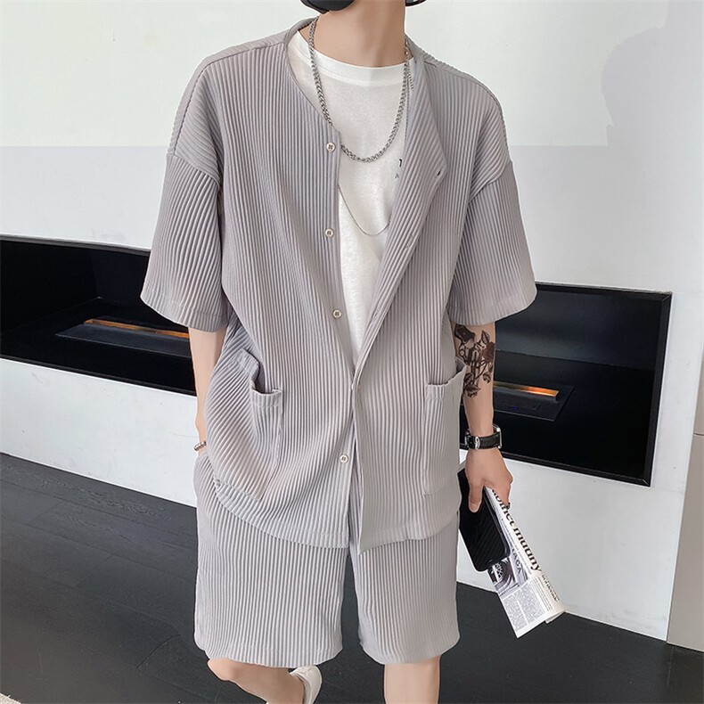 社会风纯色竖条纹立体无量两件套装潮男B297-7728-P120控158，男装休闲套装，电商B297