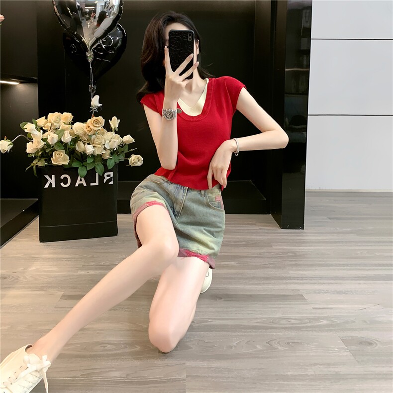 气质显瘦时尚套装女夏新款V领撞色拼接短袖针织衫牛仔短裤两件套,女装套装/套裙,江南