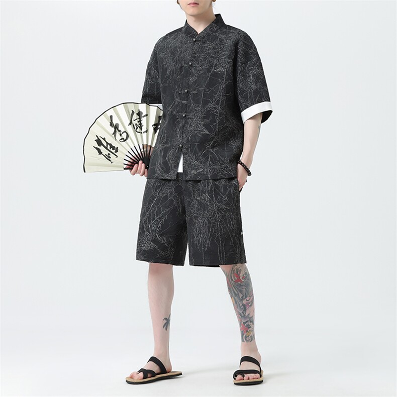 2025夏季新款男装新中式衬衣风纹理盘扣拼接短袖衬衫C98-P60,男装衬衫,电商B277(原6028)