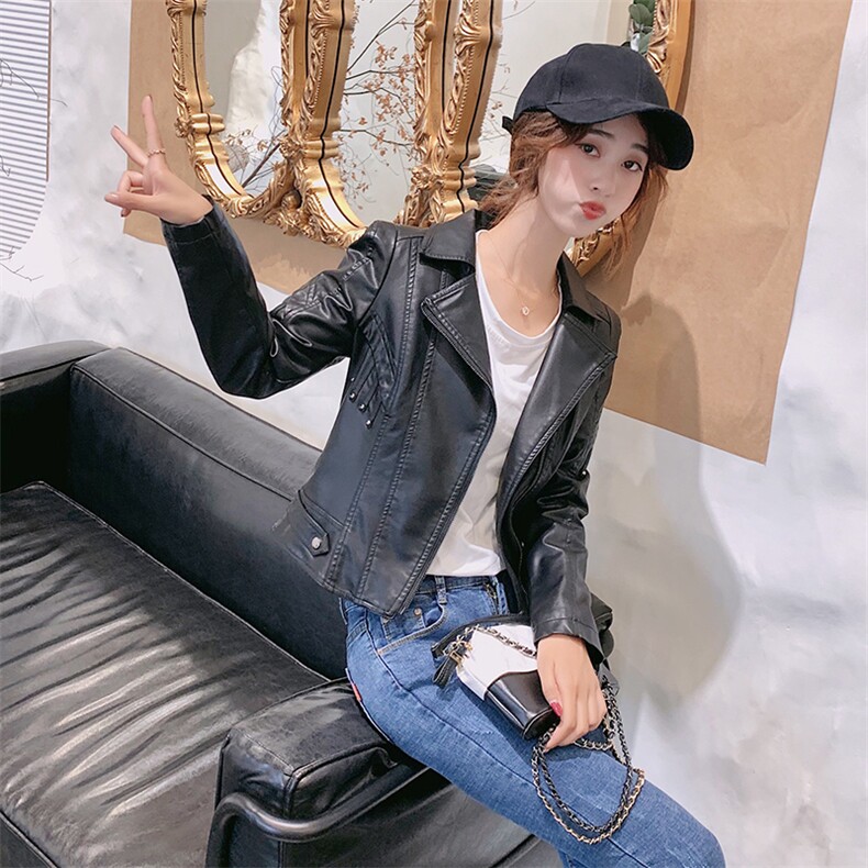 现货时尚皮衣外套女短款机车韩版春秋潮皮夹克16088777P105控158，女装皮衣，艾青服饰