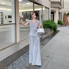蓝色又酷又飒套装女夏新款韩版气质收腰V领上衣阔腿拖地裤两件套，女装套装/套裙，幸运星