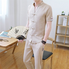夏季短袖套装男中国风棉麻亚麻t恤潮休闲两件套唐装衣服TZ019-P50，男装T恤，星座509