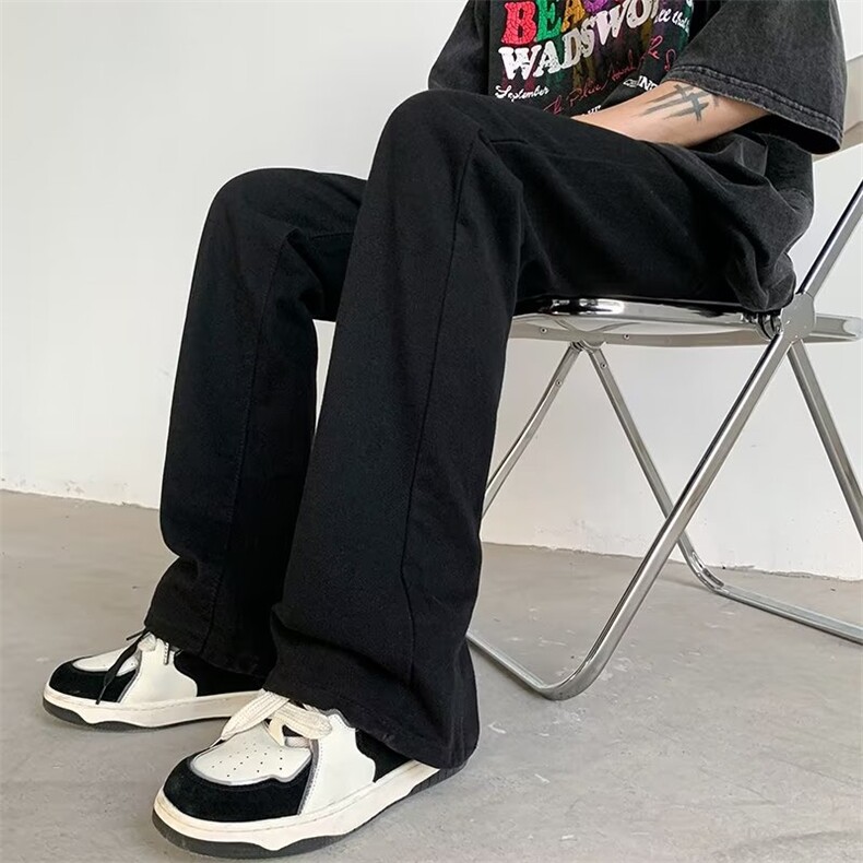 vibe美潮高街裤子夏款纽扣开叉牛仔裤微喇黄泥染色直筒裤P43,男装牛仔裤,星座1116-2
