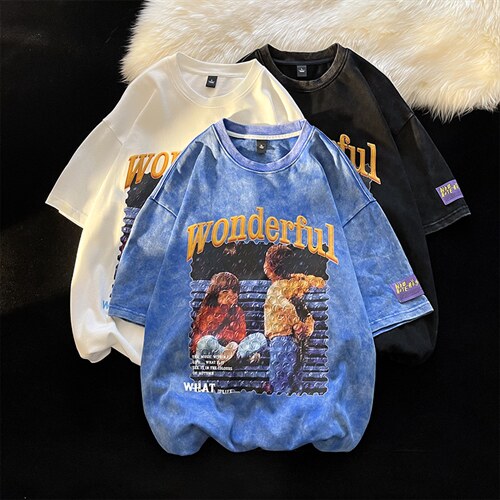2023夏新款 港风 个性图案印花宽松圆领短袖T恤上衣 T2227-P45图片