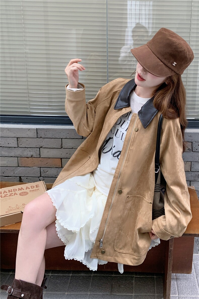减龄拼皮翻领麂皮绒短外套女春秋2025新款小个子夹克上衣流行爆款,女装风衣,1D103