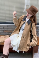 减龄拼皮翻领麂皮绒短外套女春秋2025新款小个子夹克上衣流行爆款，女装风衣，1D103