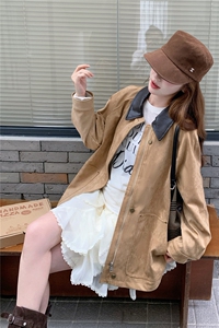 减龄拼皮翻领麂皮绒短外套女春秋2025新款小个子夹克上衣流行爆款图片