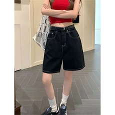 简约韩版黑色牛仔裤女夏季2025新款高腰显瘦阔腿裤百搭洋气五分裤，男装牛仔裤，星座506A