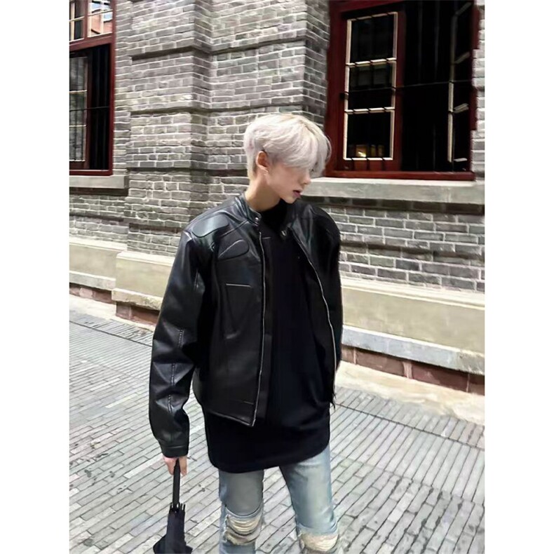 小众潮牌结构设计高级感机车皮夹克外套男女垫肩皮衣LHT522-P75图片