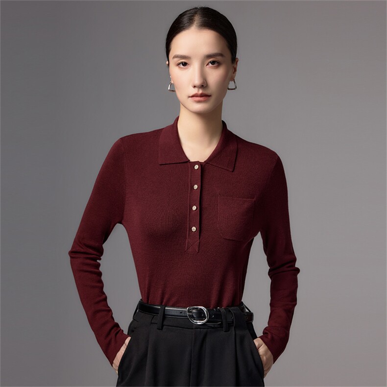 老钱风polo领针织衫女深灰色修身通勤上衣2025新款高端精纺羊毛衫,女装羊毛衫,蚂蚁派对工厂直营店