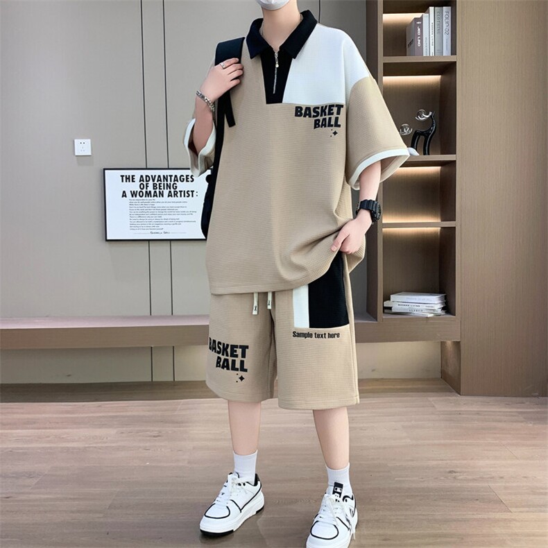 套装男休闲宽松菠萝格冰丝青年翻领短袖T恤短裤两件套-JZ505-P53图片