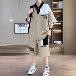 套装男休闲宽松菠萝格冰丝青年翻领短袖T恤短裤两件套-JZ505-P53图片