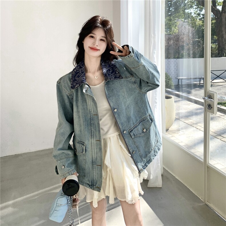 现货2026春装撞色复古牛仔外套2C056-7201-P180控288,女装短外套,2C056