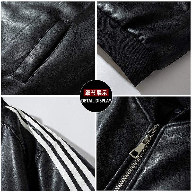 现货三条杠袖子PU皮棒球服外套秋冬棉服带帽可拆卸,男装棉衣,电商A105