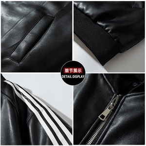现货 三条杠袖子PU皮棒球服外套秋冬棉服带帽可拆卸图片