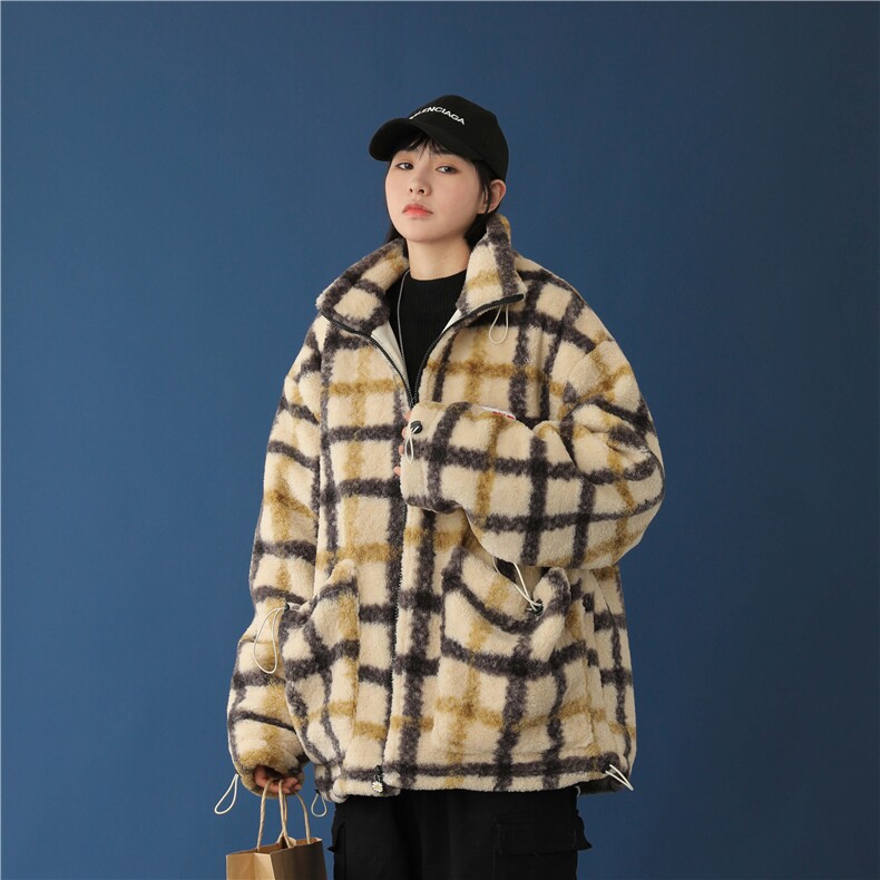黄色格子羊羔毛大口袋外套男女冬季宽松短款加厚棉服mj400-p138,男装夹克,电商B288