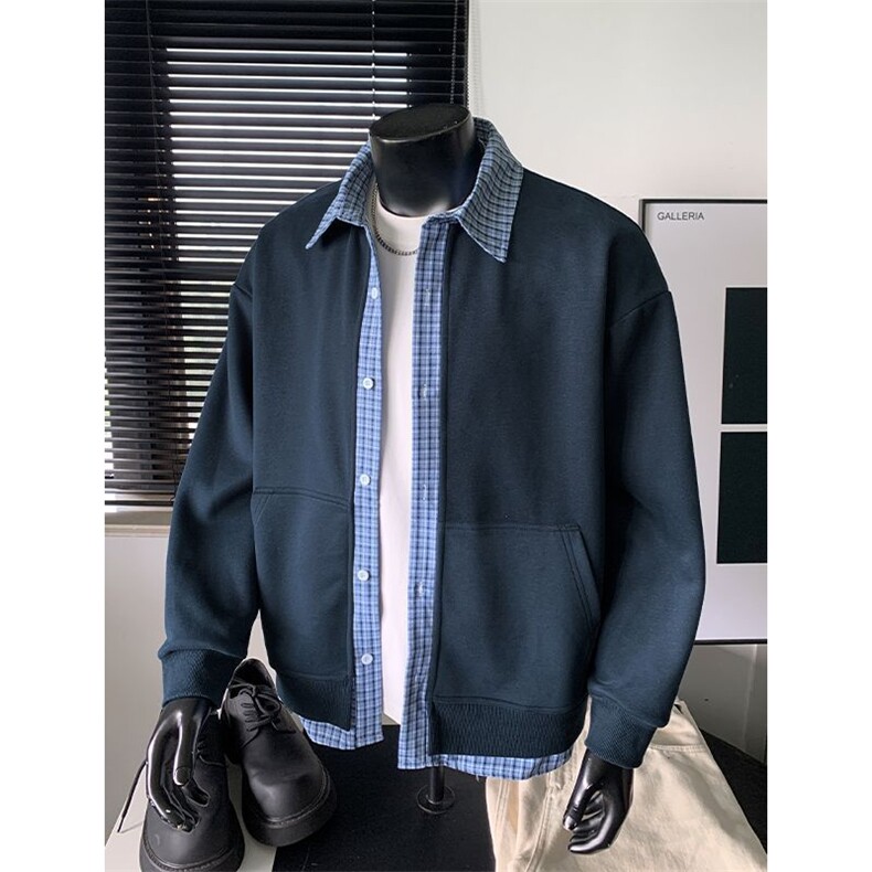 1506-1/W8171/P44美式格子拼接假两件开衫卫衣慵懒情侣外套，女装短外套，星座1506-1