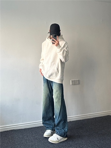 春秋新款美式复古牛仔裤男潮牌水洗设计感痞帅阔腿直筒裤子图片
