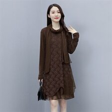 2020冬季新款蕾丝拼接网纱袖中长款加绒宽松打底连衣裙（配围巾)，女装连衣裙，安之芮娜