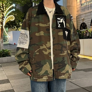 军绿色夹克男女韩版潮流宽松百搭贴布字母2024秋冬外套W6165-P74图片