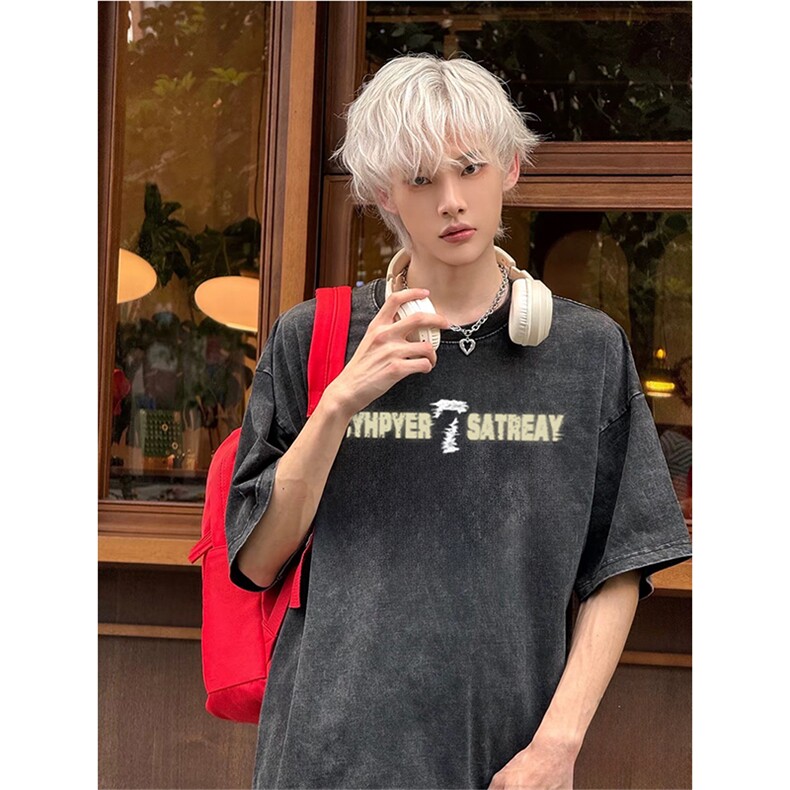 抖音得物供货240克重磅现货宽松美式纯棉水洗做旧印花T恤ATSX13,男装T恤,电商A443