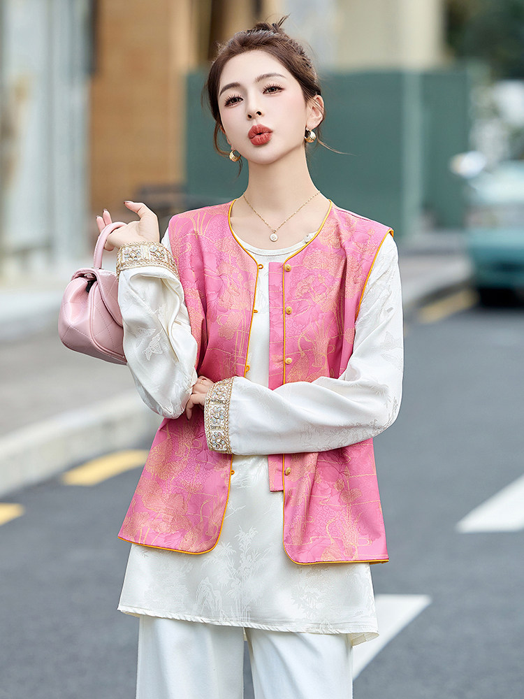 2025春季新款新中式g风提花短外套女高级感复古盘扣上衣外套,女装马甲,韩美纤衣