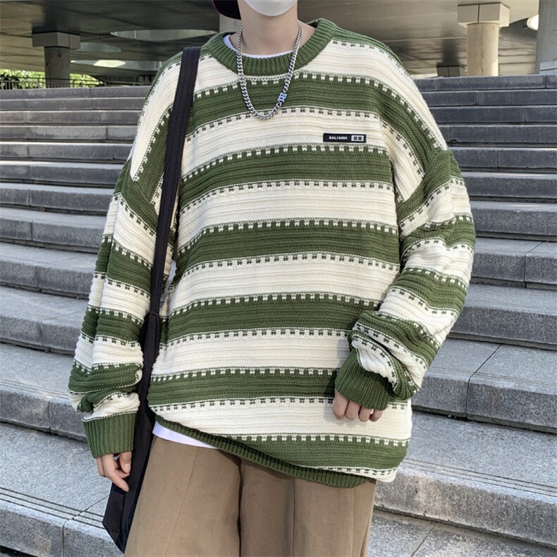 日系复古vintage条纹圆领毛衣男秋冬季情侣慵懒风宽松针织衫TW01图片